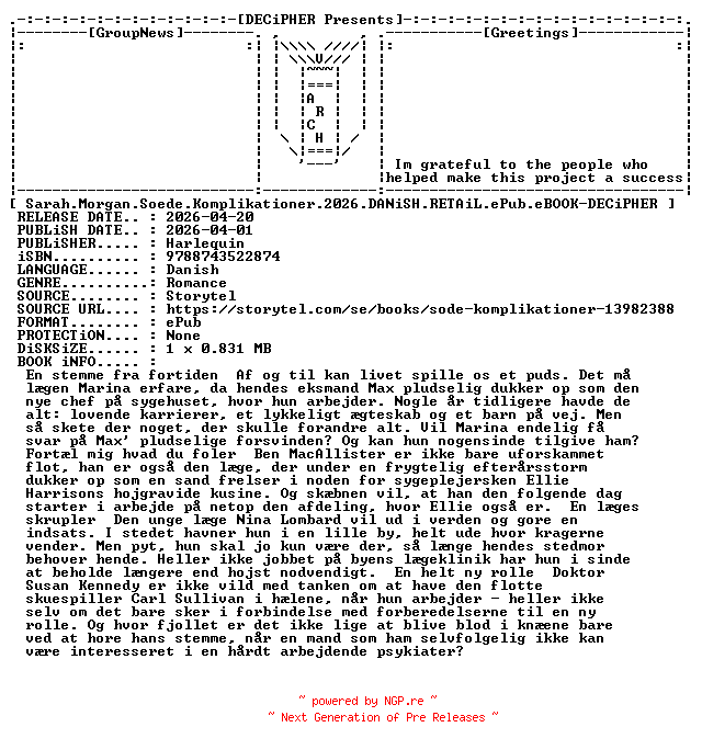 NFO for the release Sarah.Morgan.Soede.Komplikationer.2026.DANiSH.RETAiL.ePub.eBOOK-DECiPHER by DECiPHER