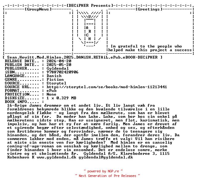 NFO for the release Sean.Hewitt.Mod.Himlen.2025.DANiSH.RETAiL.ePub.eBOOK-DECiPHER by DECiPHER