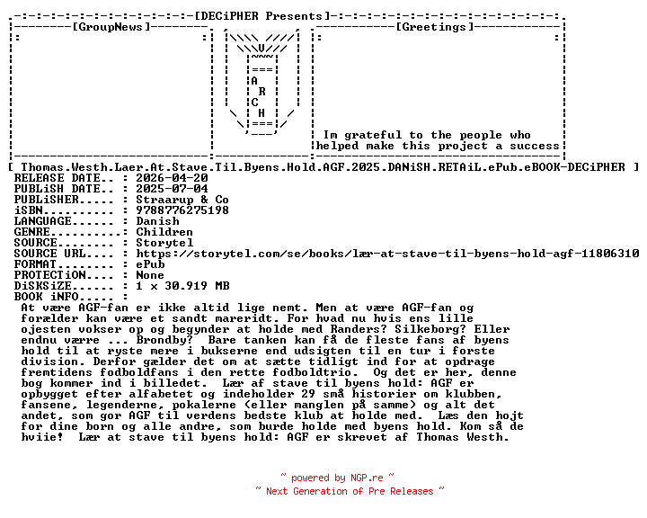 NFO for the release Thomas.Westh.Laer.At.Stave.Til.Byens.Hold.Agf.2025.DANiSH.RETAiL.ePub.eBOOK-DECiPHER by DECiPHER