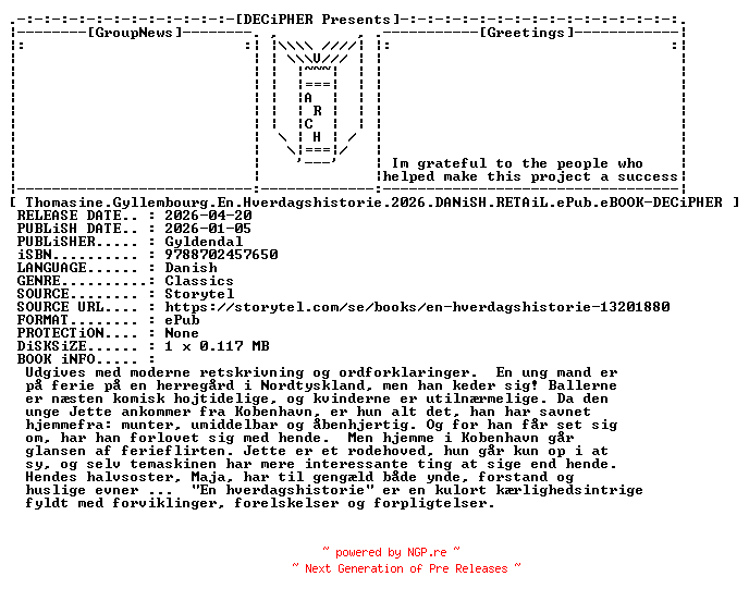 NFO for the release Thomasine.Gyllembourg.En.Hverdagshistorie.2026.DANiSH.RETAiL.ePub.eBOOK-DECiPHER by DECiPHER