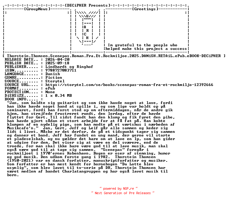 NFO for the release Thorstein.Thomsen.Scenepas.Roman.Fra.Et.Rockmiljoe.2025.DANiSH.RETAiL.ePub.eBOOK-DECiPHER by DECiPHER