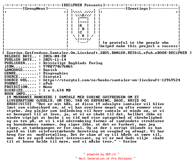 NFO for the release Soerine.Gotfredsen.Samtaler.Om.Livskraft.2025.DANiSH.RETAiL.ePub.eBOOK-DECiPHER by DECiPHER