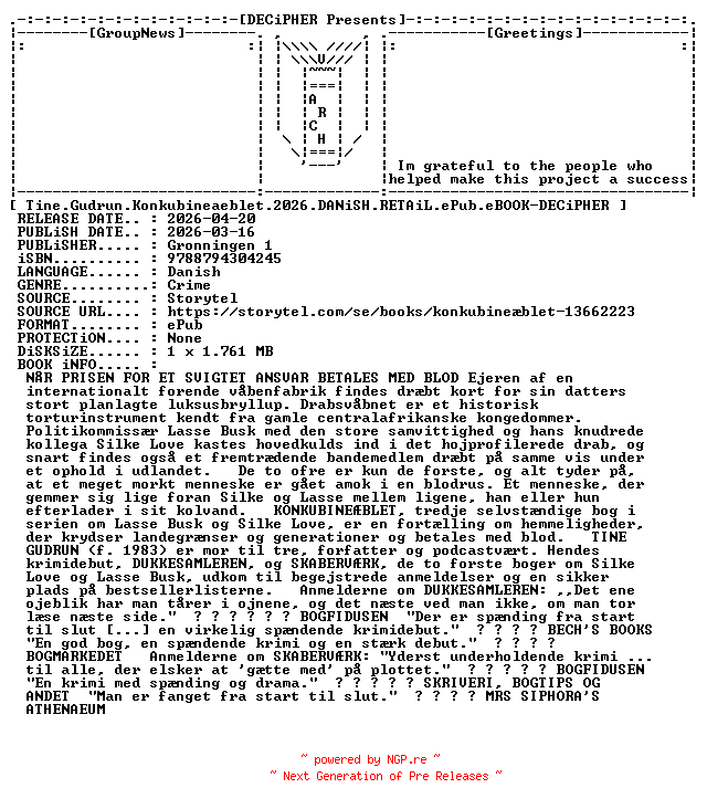 NFO for the release Tine.Gudrun.Konkubineaeblet.2026.DANiSH.RETAiL.ePub.eBOOK-DECiPHER by DECiPHER