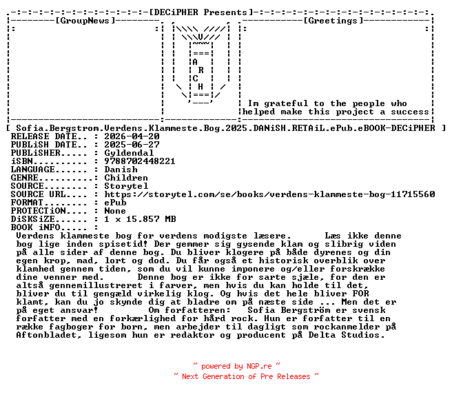 NFO for the release Sofia.Bergstrom.Verdens.Klammeste.Bog.2025.DANiSH.RETAiL.ePub.eBOOK-DECiPHER by DECiPHER
