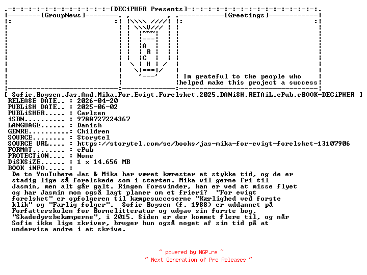 NFO for the release Sofie.Boysen.Jas.And.Mika.For.Evigt.Forelsket.2025.DANiSH.RETAiL.ePub.eBOOK-DECiPHER by DECiPHER