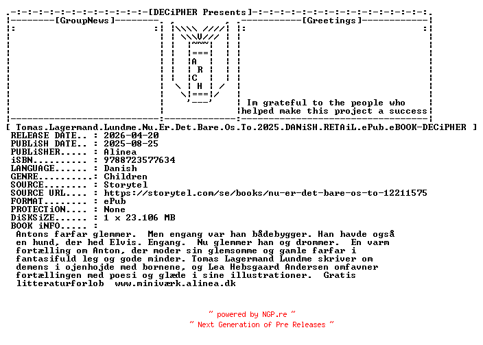 NFO for the release Tomas.Lagermand.Lundme.Nu.Er.Det.Bare.Os.To.2025.DANiSH.RETAiL.ePub.eBOOK-DECiPHER by DECiPHER