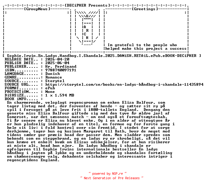 NFO for the release Sophie.Irwin.En.Ladys.Handbog.I.Skandale.2025.DANiSH.RETAiL.ePub.eBOOK-DECiPHER by DECiPHER