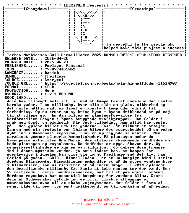 NFO for the release Torben.Mathiassen.Gaia.Himmelfloden.2025.DANiSH.RETAiL.ePub.eBOOK-DECiPHER by DECiPHER