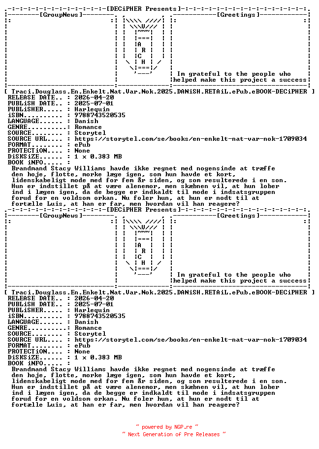 NFO for the release Traci.Douglass.En.Enkelt.Nat.Var.Nok.2025.DANiSH.RETAiL.ePub.eBOOK-DECiPHER by DECiPHER