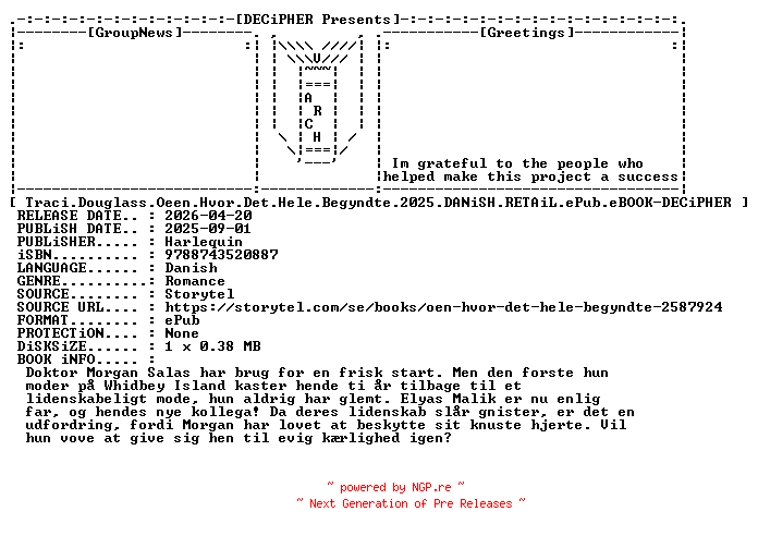 NFO for the release Traci.Douglass.Oeen.Hvor.Det.Hele.Begyndte.2025.DANiSH.RETAiL.ePub.eBOOK-DECiPHER by DECiPHER