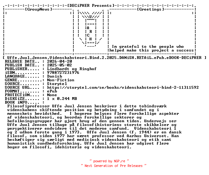 NFO for the release Uffe.Juul.Jensen.Videnskabsteori.Bind.2.2025.DANiSH.RETAiL.ePub.eBOOK-DECiPHER by DECiPHER