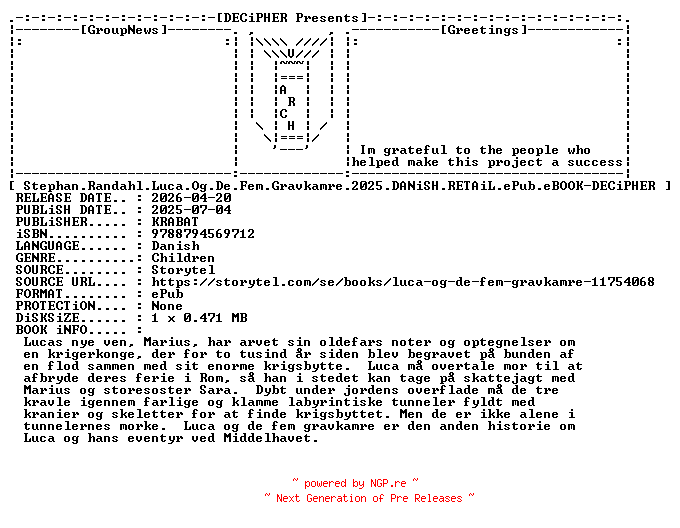NFO for the release Stephan.Randahl.Luca.Og.De.Fem.Gravkamre.2025.DANiSH.RETAiL.ePub.eBOOK-DECiPHER by DECiPHER