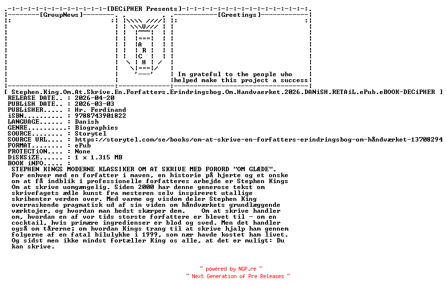 NFO for the release Stephen.King.Om.At.Skrive.En.Forfatters.Erindringsbog.Om.Handvaerket.2026.DANiSH.RETAiL.ePub.eBOOK-DECiPHER by DECiPHER