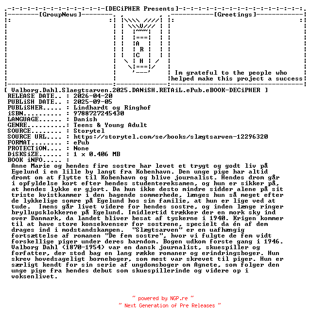 NFO for the release Valborg.Dahl.Slaegtsarven.2025.DANiSH.RETAiL.ePub.eBOOK-DECiPHER by DECiPHER
