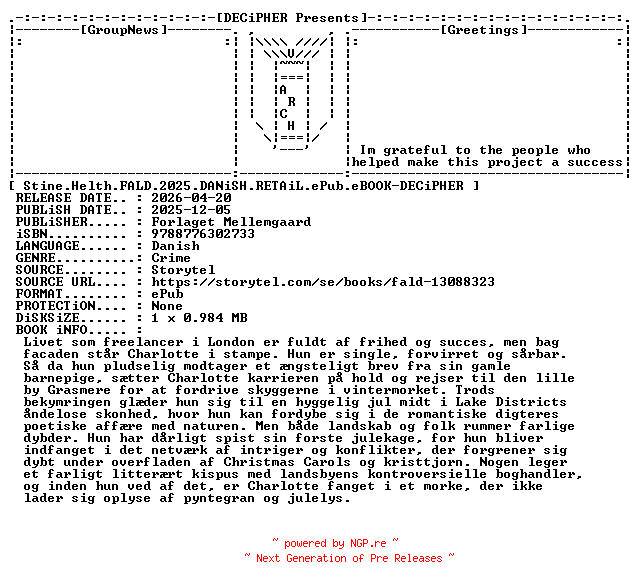 NFO for the release Stine.Helth.Fald.2025.DANiSH.RETAiL.ePub.eBOOK-DECiPHER by DECiPHER