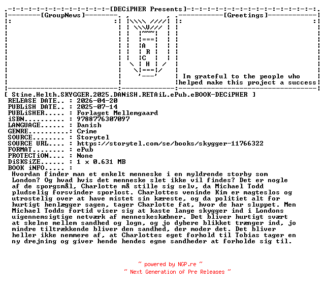 NFO for the release Stine.Helth.Skygger.2025.DANiSH.RETAiL.ePub.eBOOK-DECiPHER by DECiPHER