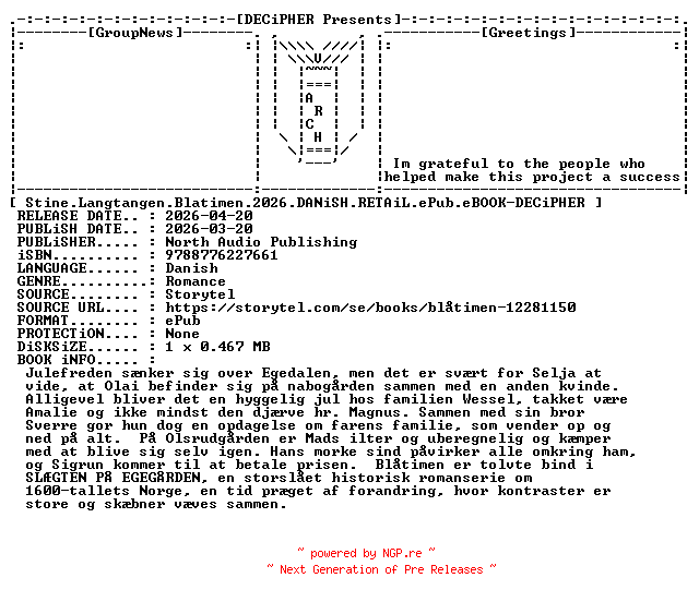 NFO for the release Stine.Langtangen.Blatimen.2026.DANiSH.RETAiL.ePub.eBOOK-DECiPHER by DECiPHER
