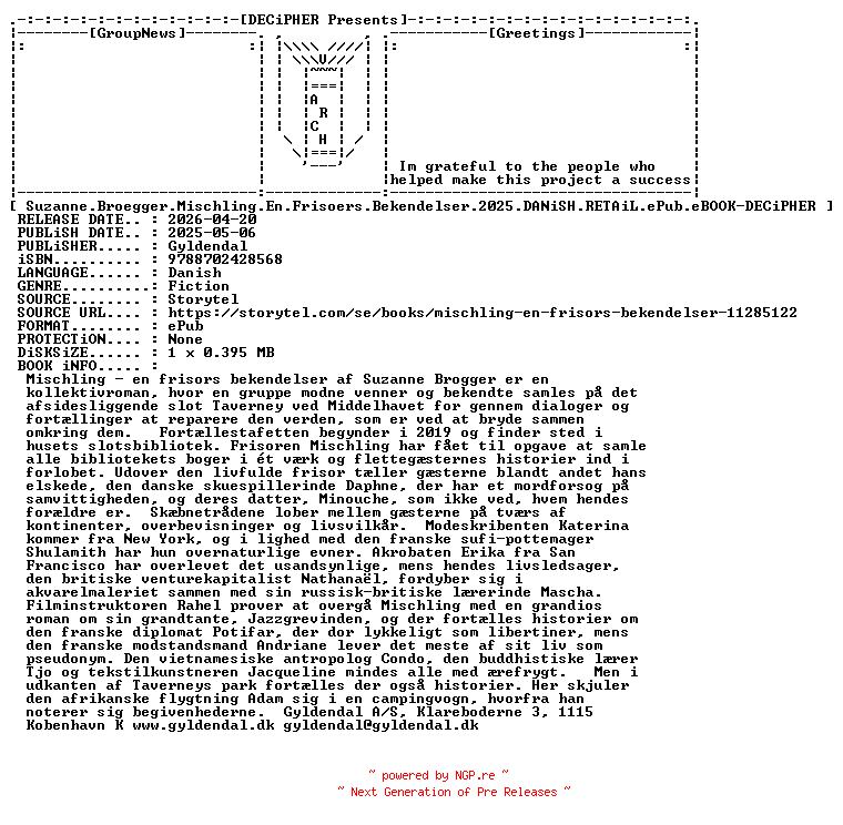 NFO for the release Suzanne.Broegger.Mischling.En.Frisoers.Bekendelser.2025.DANiSH.RETAiL.ePub.eBOOK-DECiPHER by DECiPHER