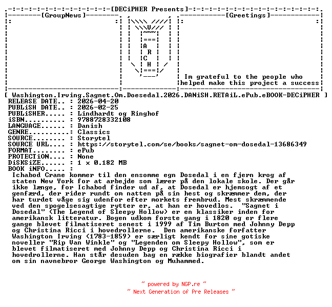 NFO for the release Washington.Irving.Sagnet.Om.Doesedal.2026.DANiSH.RETAiL.ePub.eBOOK-DECiPHER by DECiPHER