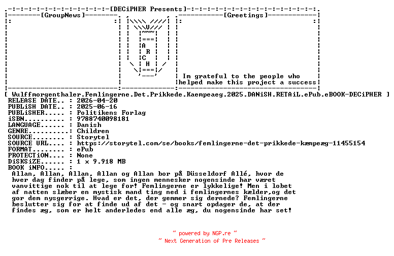 NFO for the release Wulffmorgenthaler.Femlingerne.Det.Prikkede.Kaempeaeg.2025.DANiSH.RETAiL.ePub.eBOOK-DECiPHER by DECiPHER