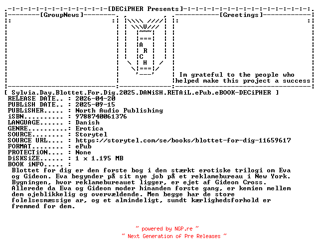 NFO for the release Sylvia.Day.Blottet.For.Dig.2025.DANiSH.RETAiL.ePub.eBOOK-DECiPHER by DECiPHER