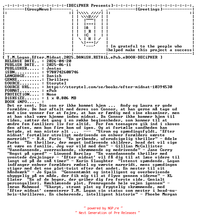 NFO for the release T.M.Logan.Efter.Midnat.2025.DANiSH.RETAiL.ePub.eBOOK-DECiPHER by DECiPHER