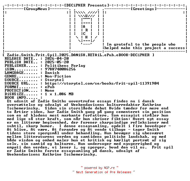 NFO for the release Zadie.Smith.Frit.Spil.2025.DANiSH.RETAiL.ePub.eBOOK-DECiPHER by DECiPHER