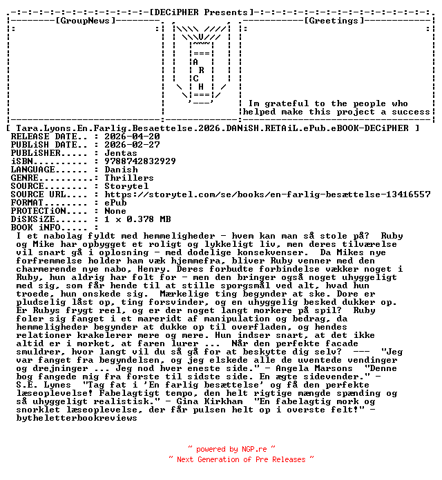 NFO for the release Tara.Lyons.En.Farlig.Besaettelse.2026.DANiSH.RETAiL.ePub.eBOOK-DECiPHER by DECiPHER