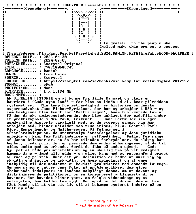 NFO for the release Thea.Pedersen.Min.Kamp.For.Retfaerdighed.2024.DANiSH.RETAiL.ePub.eBOOK-DECiPHER by DECiPHER