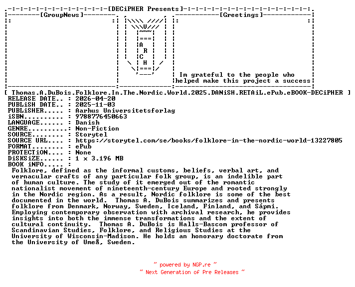 NFO for the release Thomas.A.DuBois.Folklore.In.The.Nordic.World.2025.DANiSH.RETAiL.ePub.eBOOK-DECiPHER by DECiPHER