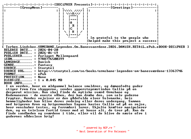 NFO for the release Torben.Lindskov.Ormsbane.Legenden.Om.Banesvaerdene.2026.DANiSH.RETAiL.ePub.eBOOK-DECiPHER by DECiPHER