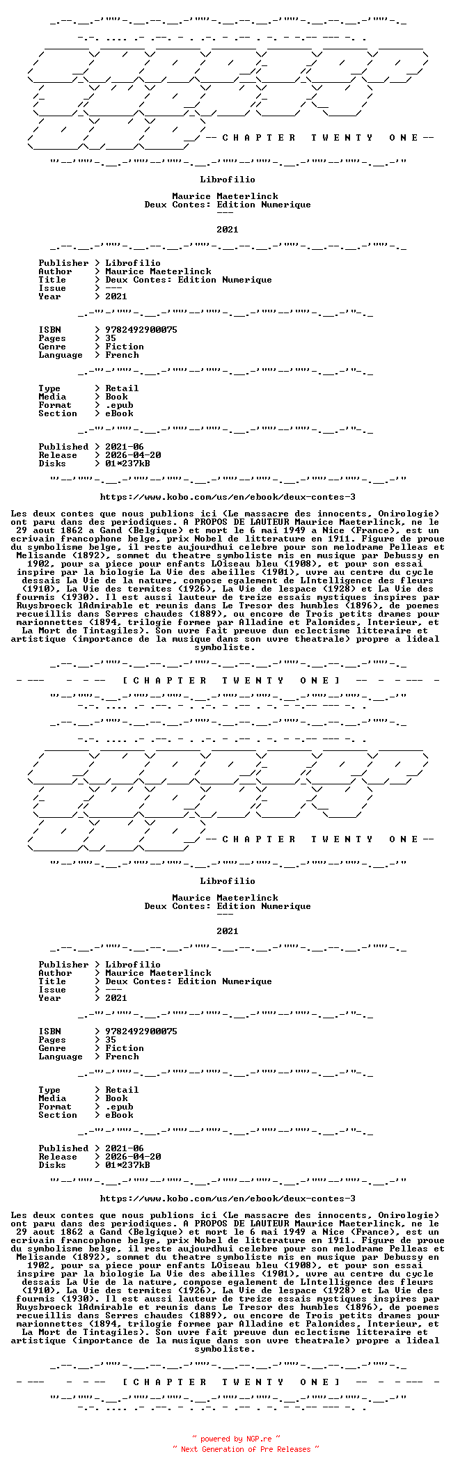 NFO for the release Maurice.Maeterlinck.-.Deux.Contes.Edition.Numerique.2021.FRENCH.RETAIL.EPUB.eBook-CTO by CTO