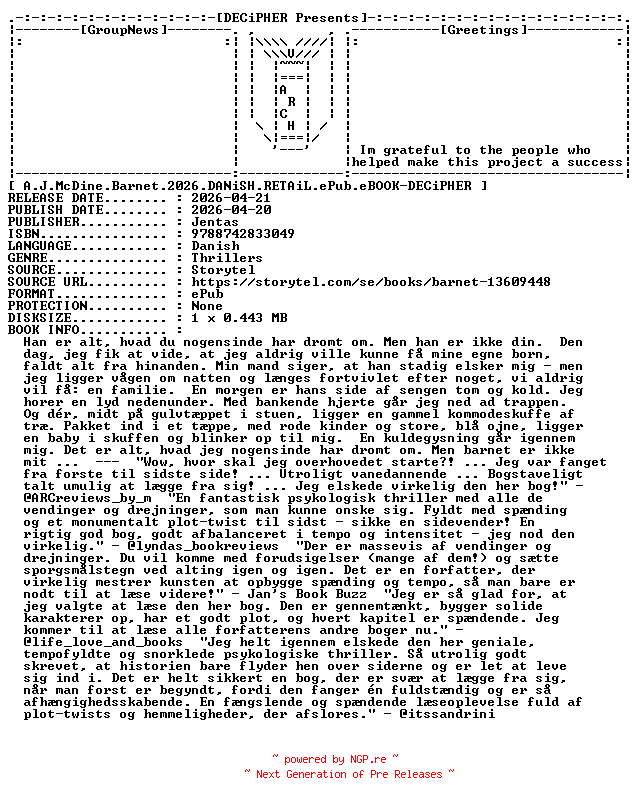 NFO for the release A.J.McDine.Barnet.2026.DANiSH.RETAiL.ePub.eBOOK-DECiPHER by DECiPHER