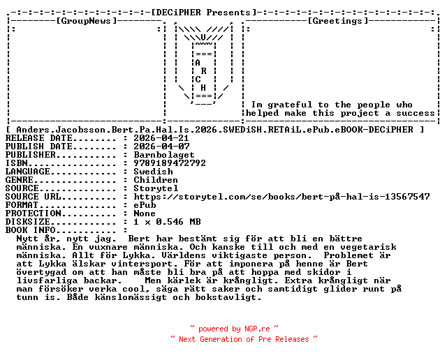 NFO for the release Anders.Jacobsson.Bert.Pa.Hal.Is.2026.SWEDiSH.RETAiL.ePub.eBOOK-DECiPHER by DECiPHER