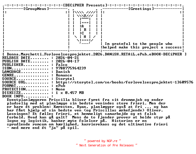 NFO for the release Donna.Marchetti.Forlovelsesprojektet.2026.DANiSH.RETAiL.ePub.eBOOK-DECiPHER by DECiPHER