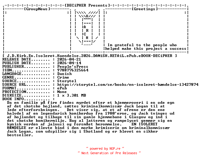 NFO for the release J.D.Kirk.En.Isoleret.Haendelse.2026.DANiSH.RETAiL.ePub.eBOOK-DECiPHER by DECiPHER