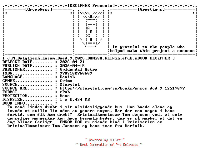 NFO for the release J.M.Dalgliesh.Ensom.Doed.9.2026.DANiSH.RETAiL.ePub.eBOOK-DECiPHER by DECiPHER