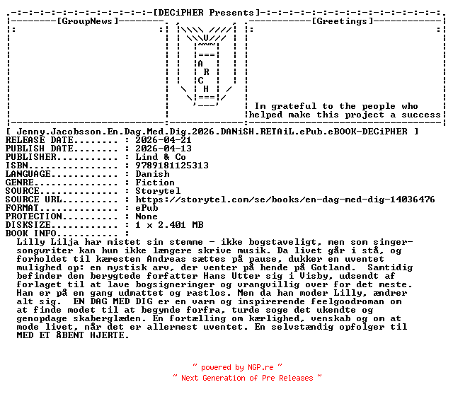 NFO for the release Jenny.Jacobsson.En.Dag.Med.Dig.2026.DANiSH.RETAiL.ePub.eBOOK-DECiPHER by DECiPHER
