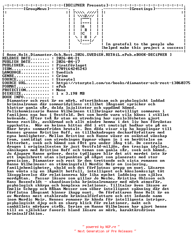 NFO for the release Anne.Holt.Diamanter.Och.Rost.2026.SWEDiSH.RETAiL.ePub.eBOOK-DECiPHER by DECiPHER
