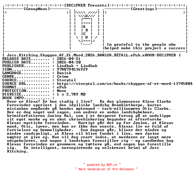 NFO for the release Jess.Kitching.Skyggen.Af.Et.Mord.2026.DANiSH.RETAiL.ePub.eBOOK-DECiPHER by DECiPHER