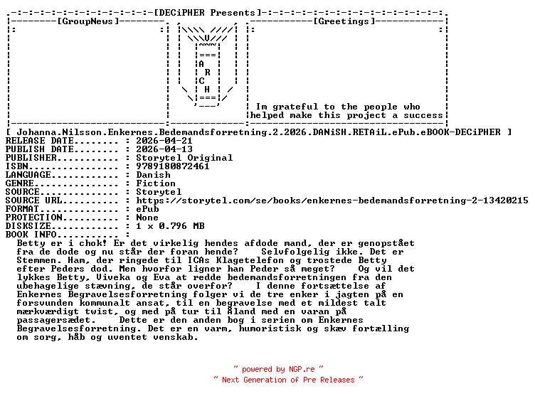 NFO for the release Johanna.Nilsson.Enkernes.Bedemandsforretning.2.2026.DANiSH.RETAiL.ePub.eBOOK-DECiPHER by DECiPHER
