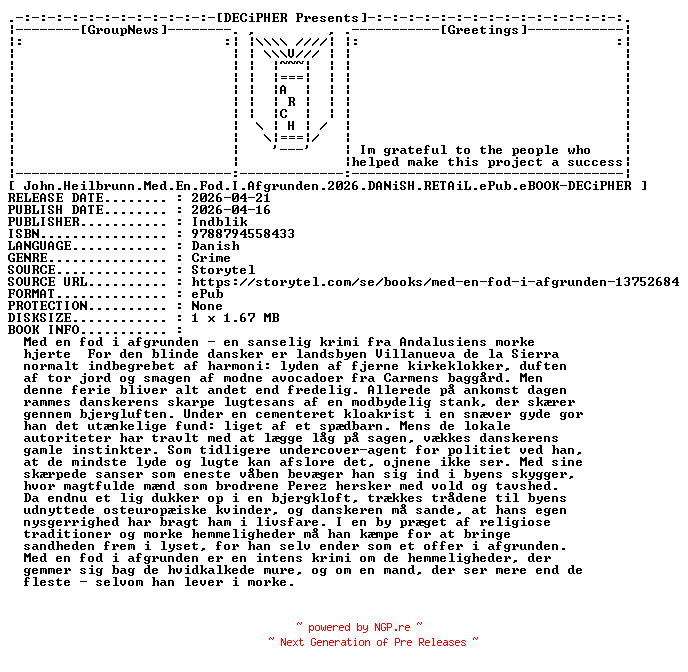 NFO for the release John.Heilbrunn.Med.En.Fod.I.Afgrunden.2026.DANiSH.RETAiL.ePub.eBOOK-DECiPHER by DECiPHER