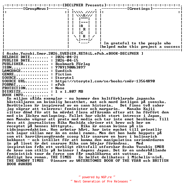 NFO for the release Asako.Yuzuki.Smor.2026.SWEDiSH.RETAiL.ePub.eBOOK-DECiPHER by DECiPHER