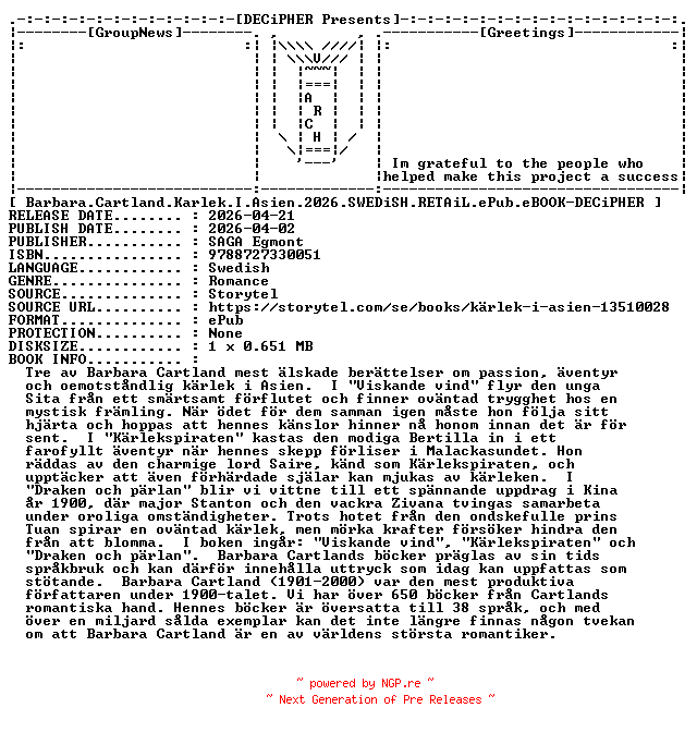 NFO for the release Barbara.Cartland.Karlek.I.Asien.2026.SWEDiSH.RETAiL.ePub.eBOOK-DECiPHER by DECiPHER