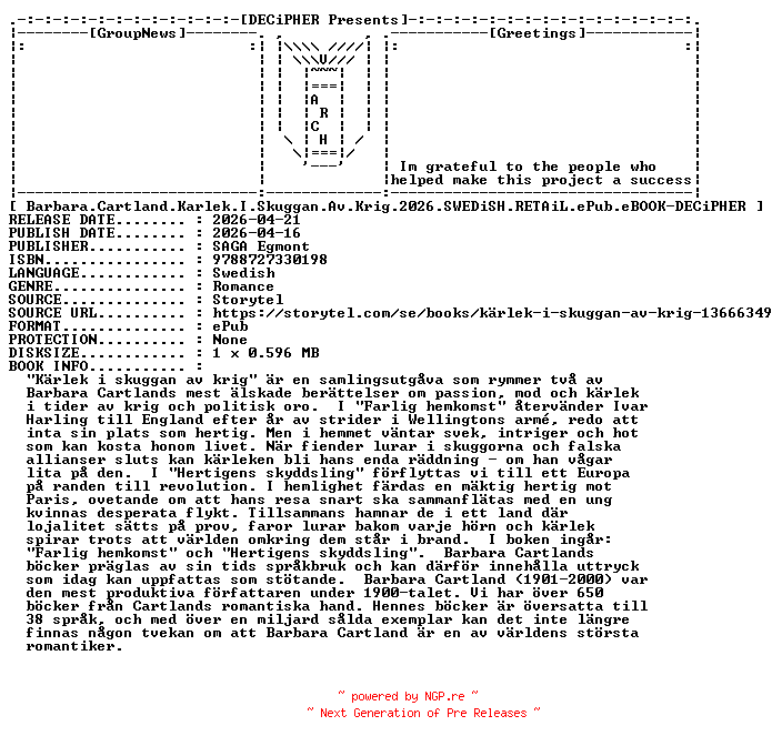 NFO for the release Barbara.Cartland.Karlek.I.Skuggan.Av.Krig.2026.SWEDiSH.RETAiL.ePub.eBOOK-DECiPHER by DECiPHER