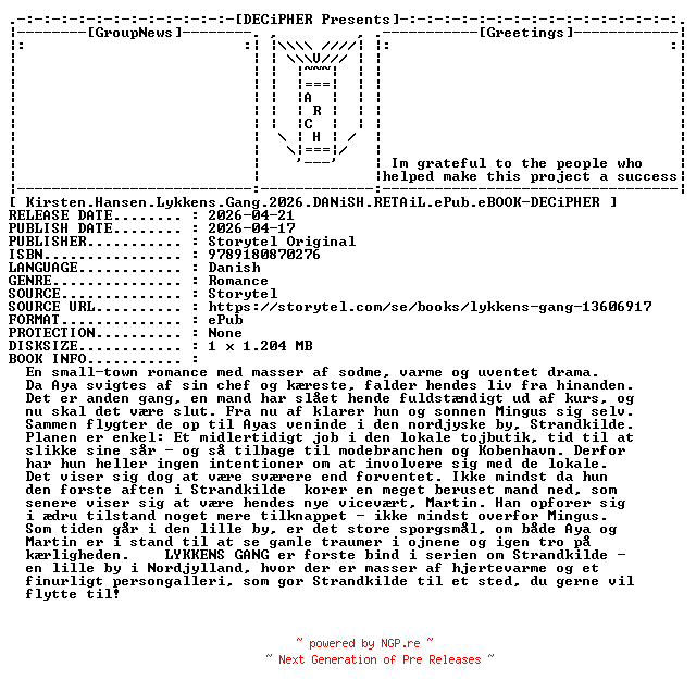 NFO for the release Kirsten.Hansen.Lykkens.Gang.2026.DANiSH.RETAiL.ePub.eBOOK-DECiPHER by DECiPHER