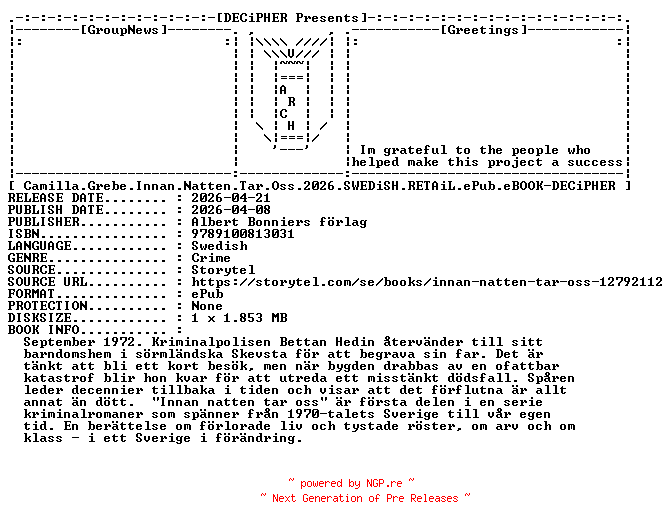 NFO for the release Camilla.Grebe.Innan.Natten.Tar.Oss.2026.SWEDiSH.RETAiL.ePub.eBOOK-DECiPHER by DECiPHER