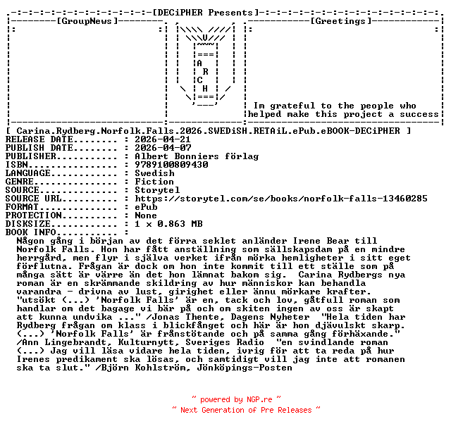 NFO for the release Carina.Rydberg.Norfolk.Falls.2026.SWEDiSH.RETAiL.ePub.eBOOK-DECiPHER by DECiPHER