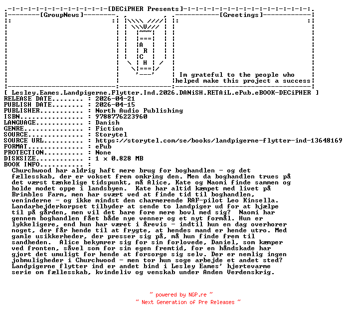 NFO for the release Lesley.Eames.Landpigerne.Flytter.Ind.2026.DANiSH.RETAiL.ePub.eBOOK-DECiPHER by DECiPHER