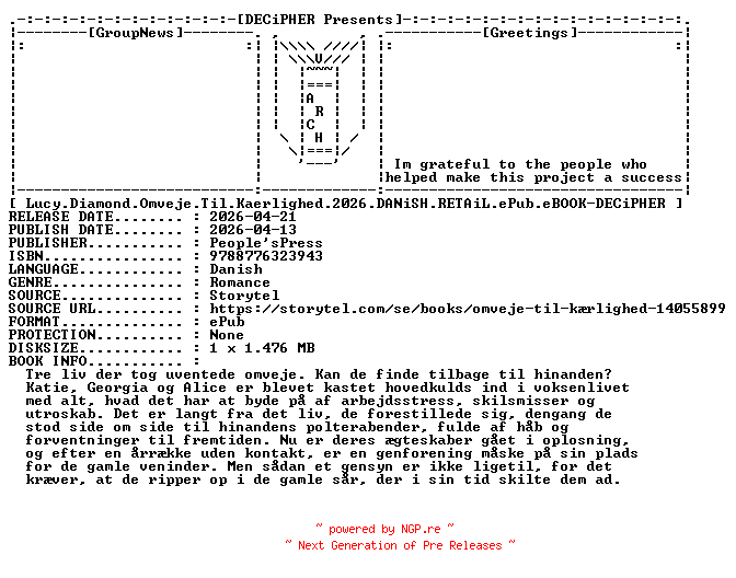 NFO for the release Lucy.Diamond.Omveje.Til.Kaerlighed.2026.DANiSH.RETAiL.ePub.eBOOK-DECiPHER by DECiPHER